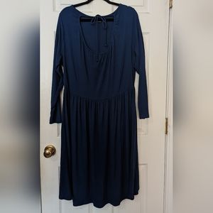 MODCLOTH To Your Liking Dress Tie Front Keyhole Ribbed Blue Long Sleeve